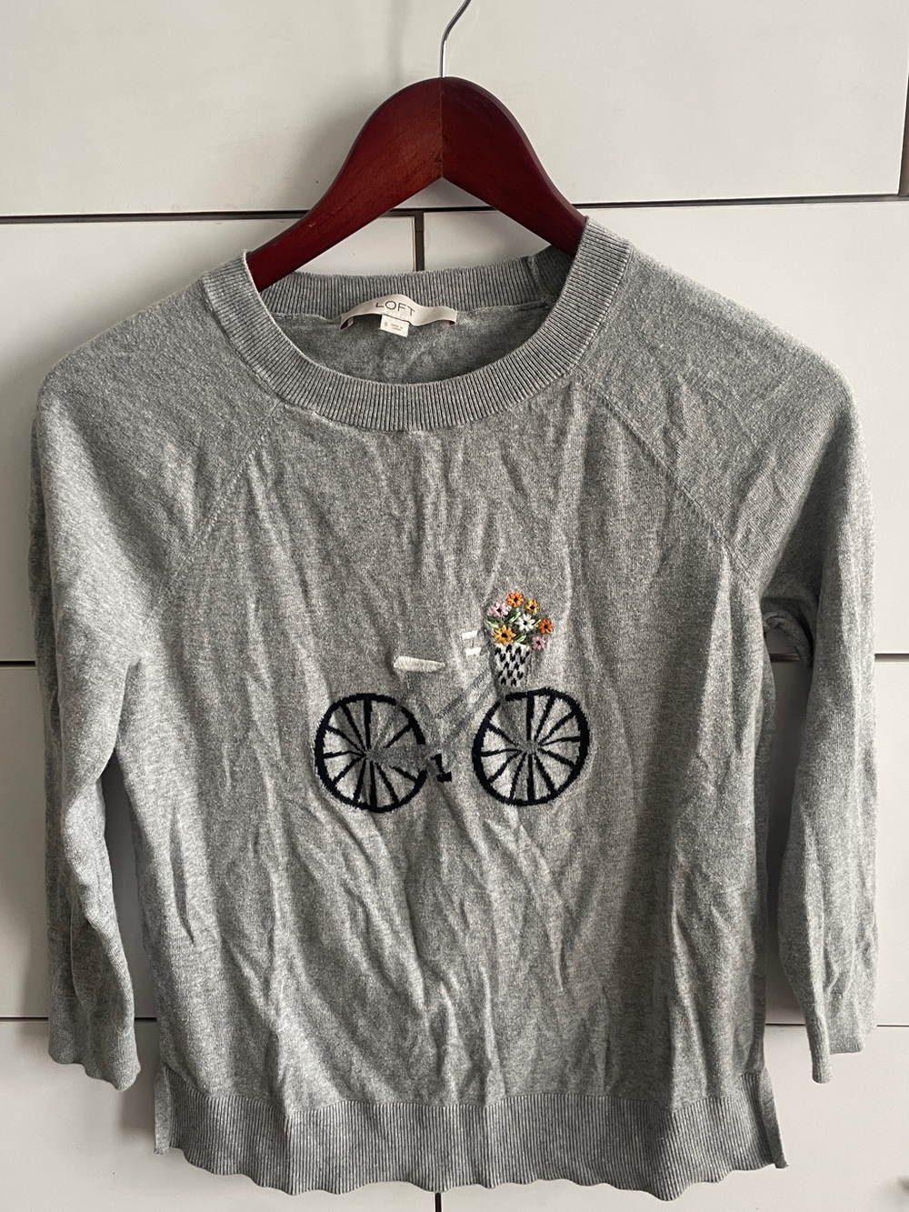 Gray Sweater with a Bicycle and Floral Basket